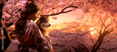 A Bond Beyond Words: Capturing the Love Between a Young Woman and Her Fluffy Canine Companion Amidst Cherry Blossoms. Embrace with Her Beloved Dog
