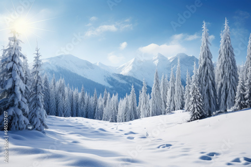 Snow-covered mountains and pine trees © thejokercze