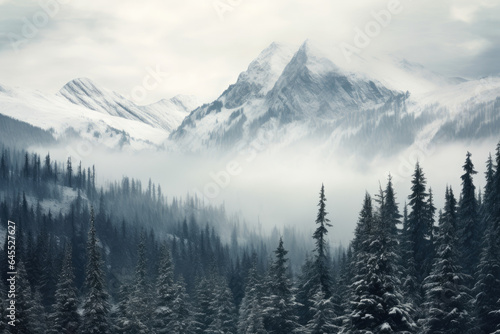 Snow-covered mountains and pine trees