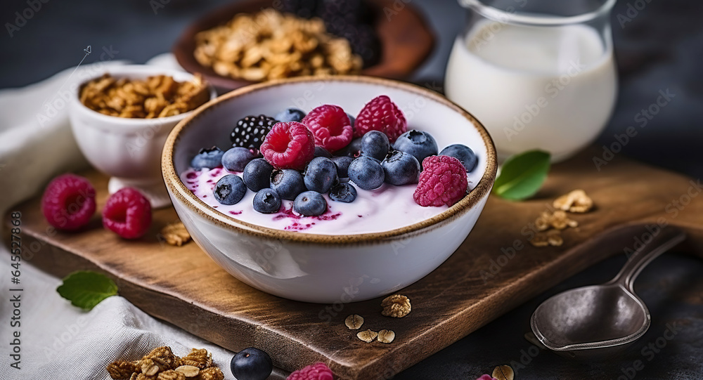 Farmhouse Breakfast Delight: Yogurt, Granola, Berries, Coffee, and Honey on Display. Generative AI Farmhouse Breakfast Delight: Yogurt, Granola, Berries, Coffee, and Honey on Display. Generative AI