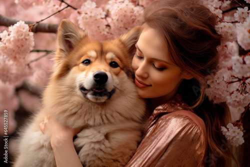 A Bond Beyond Words: Capturing the Love Between a Young Woman and Her Fluffy Canine Companion Amidst Cherry Blossoms.  Embrace with Her Beloved Dog