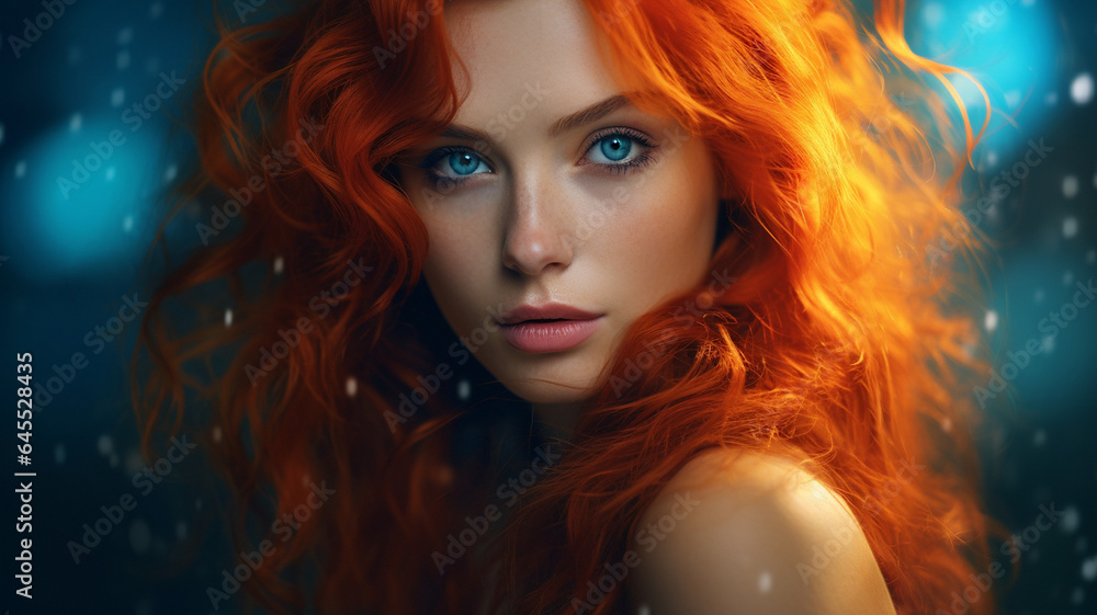 beautiful portrait of a red haired woman under neon lights