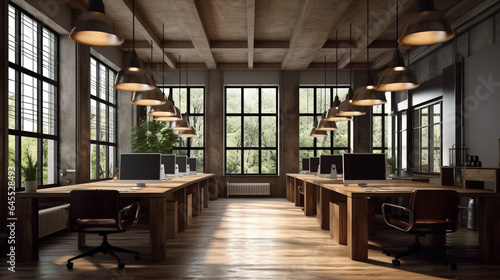Front view of an office interior with a row of dark wood tables standing under large windows. cool