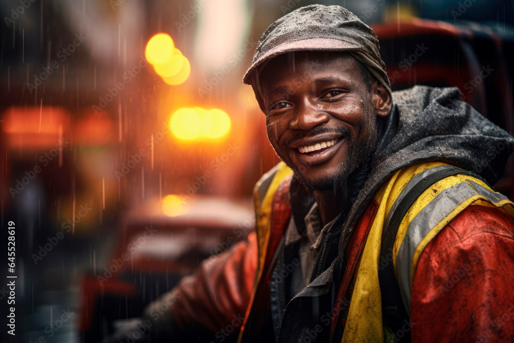 Street Cleaning Hero: A Portrait of an African Garbage Man with a Blurred City Street and Traffic in the Background.
Street Cleaning Hero: A Portrait of an African Garbage Man with a Blurred City Street and Traffic in the Background.