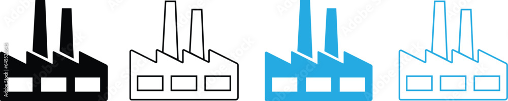 Factory icons set. industrial buildings pictogram. Black and blue silhouettes of manufacturing objects isolated on white background. contours of plants for industrial design collection. Factory icons set. industrial buildings pictogram. Black and blue silhouettes of manufacturing objects isolated on white background. contours of plants for industrial design collection.