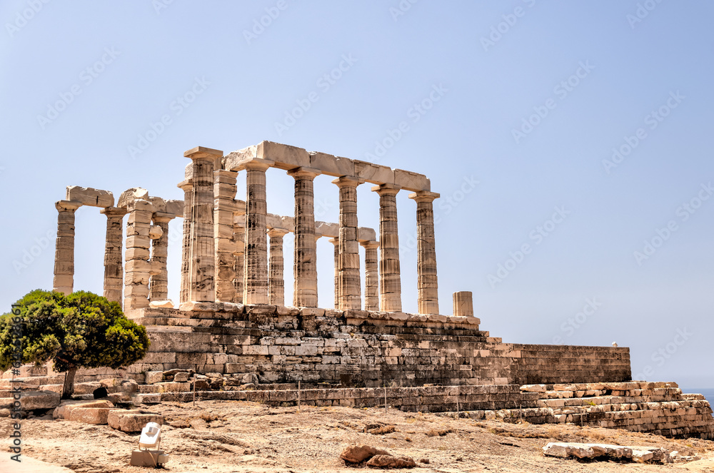 Sounion, Greece - July 25, 2023: The ruins of the Temple of Poseidon at Sounion
