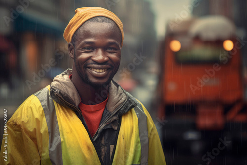 Street Cleaning Hero: A Portrait of an African Garbage Man with a Blurred City Street and Traffic in the Background.