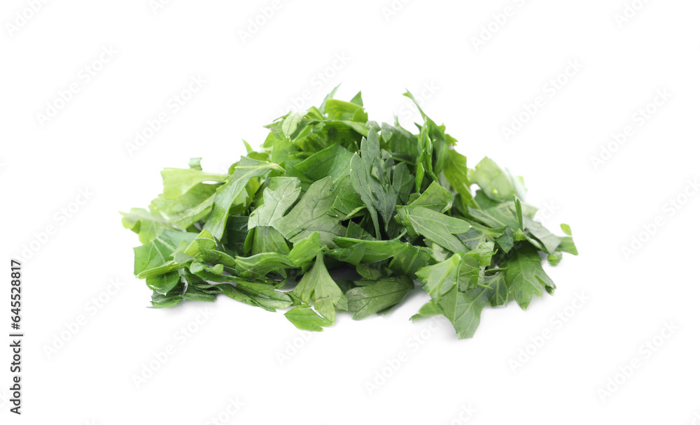 Heap of chopped parsley leaves isolated on white Heap of chopped parsley leaves isolated on white