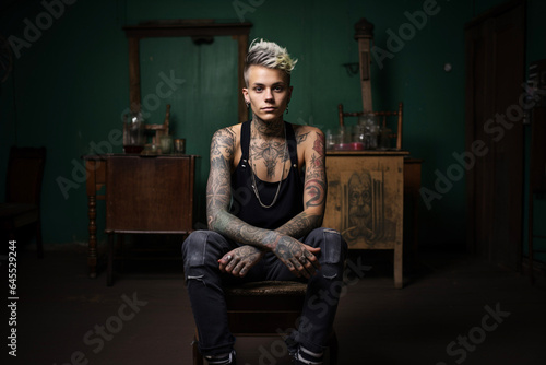 Portrait of Androgynous Woman with Tattoos Green Hair