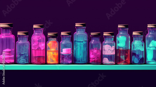 Colorful Pills and Bottles on Dark Background Neon Illustration