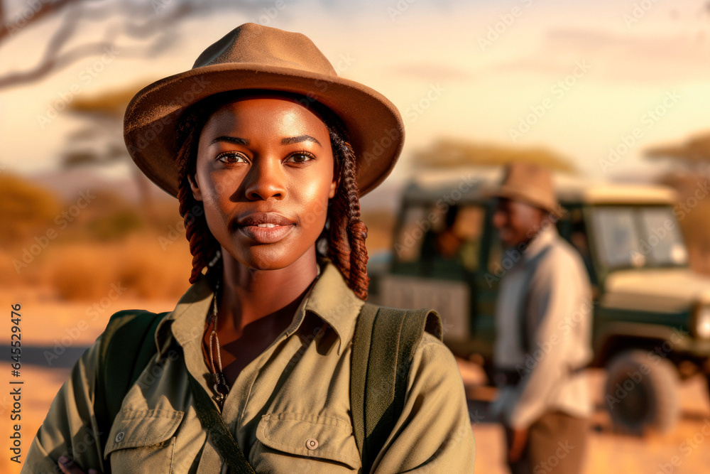 Safari Guide: A Portrait of an African Tour Guide, Ready to Lead You on a Safari, with a Blurred Background, perfect to add text, copy space Safari Guide: A Portrait of an African Tour Guide, Ready to Lead You on a Safari, with a Blurred Background, perfect to add text, copy space