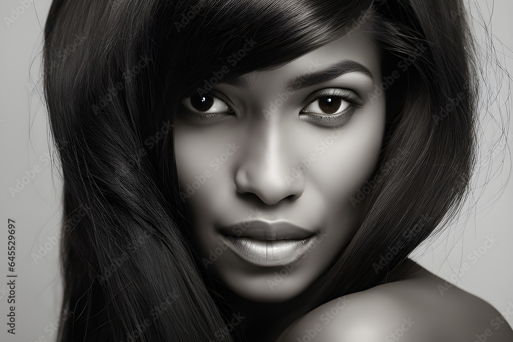 Fototapeta premium Black model with long hair full of confidence,Generative Ai