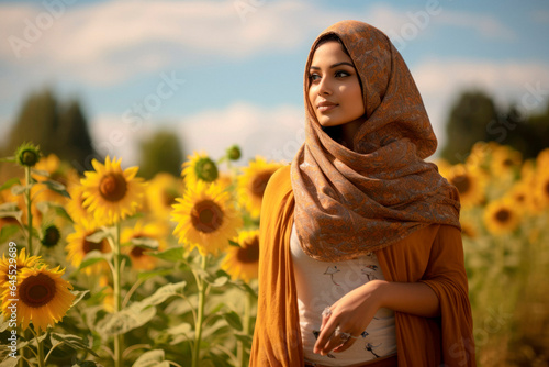 Graceful in Nature: Capturing the Serene Beauty of an Indian Girl in a Hijab Walking Amongst Stunning Sunflowers.

