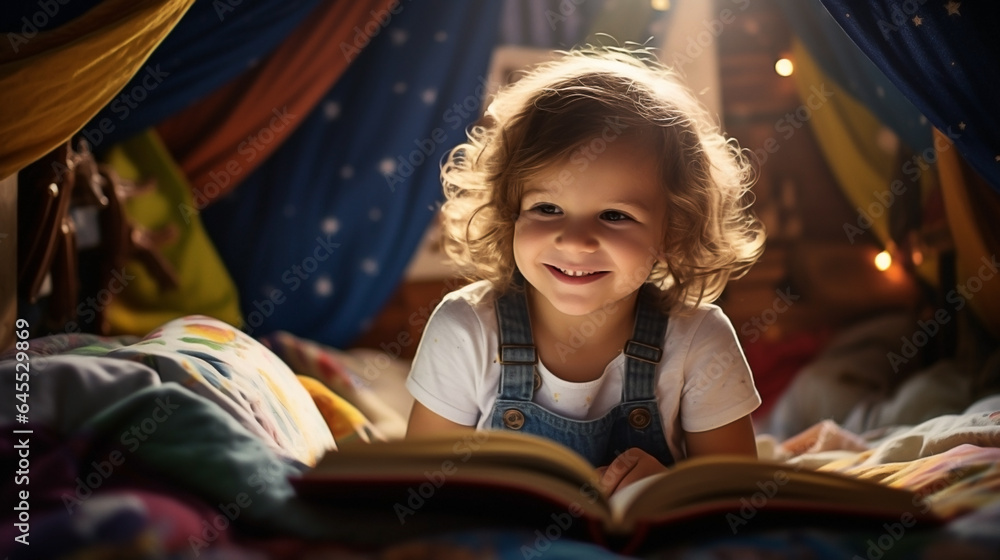Cheerful Child Engrossed in Reading a Book Indoor