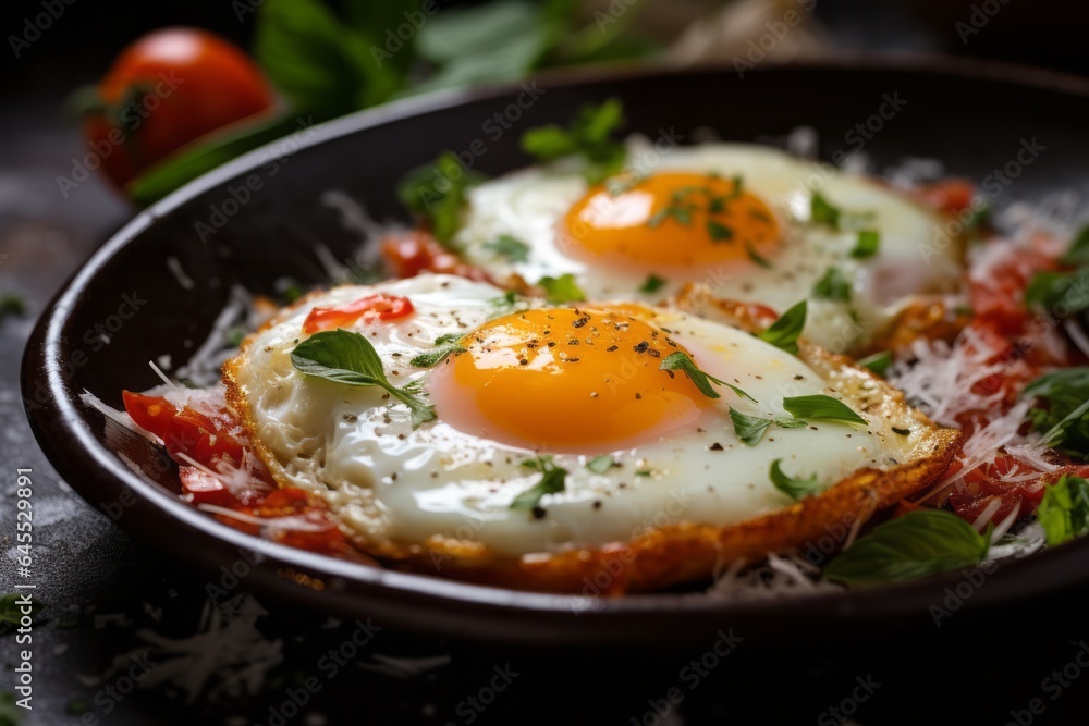 Fried eggs for breakfast. Background with selective focus and copy space Fried eggs for breakfast. Background with selective focus and copy space