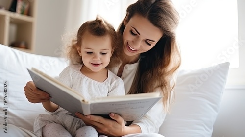 mother relax and read book with baby time together at home. parent sit on sofa with daughter and reading a story. learn development, childcare, laughing, education, storytelling, practice.