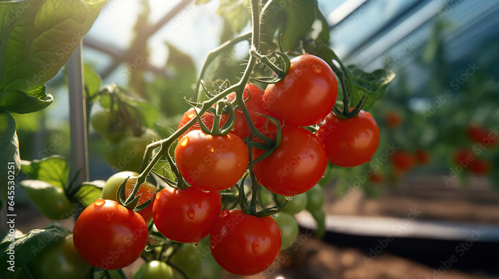 Vibrant Red Tomatoes Ripening in the Greenhouse. Generative AI