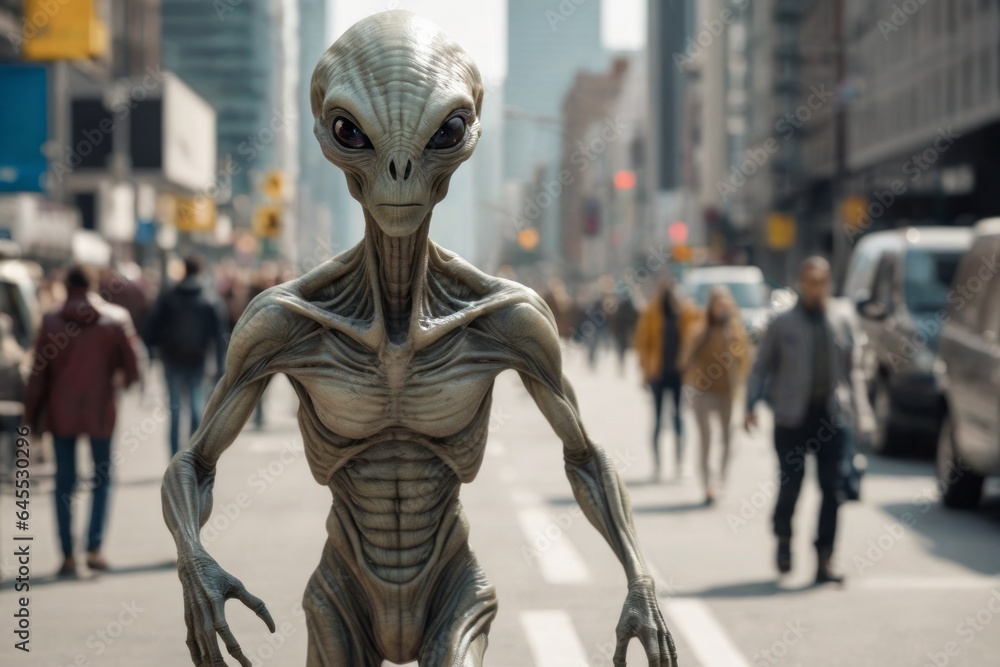 Alien or stranger on the street of the city. Portrait with selective focus and copy space Alien or stranger on the street of the city. Portrait with selective focus and copy space