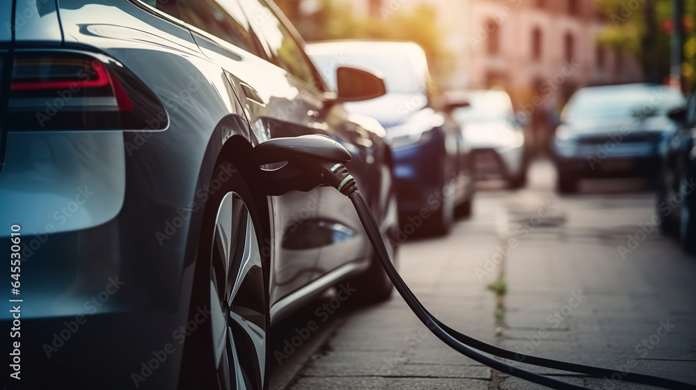 Electric car charging on parking lot with electric car charging station on city street. Electric cars in the row ready for charge. Generative AI Electric car charging on parking lot with electric car charging station on city street. Electric cars in the row ready for charge. Generative AI