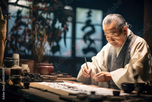 Traditional Chinese Calligraphy: An Elderly Artisan's Skillful Brush Strokes Create Elegant Characters with Wisdom 