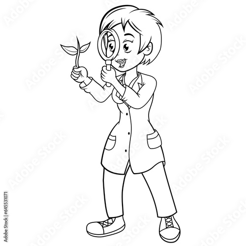 Mujer analizando con una lupa un especimen de planta.