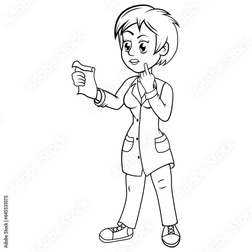 Mujer cientifica analizando sus notas de investigacion, ilustracion sin color para colorear.