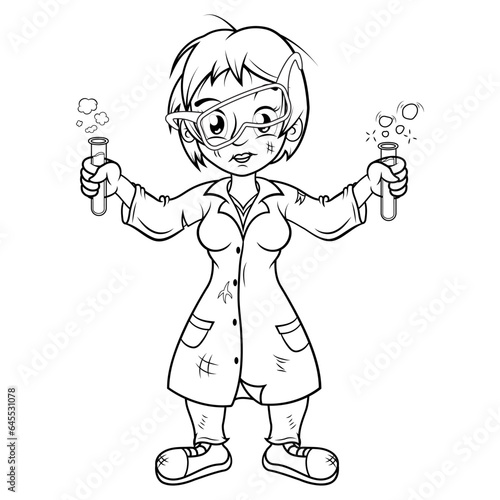 Mujer cientifica sujetando experimento fallido en ambas manos, ilustracion sin color para colorear.