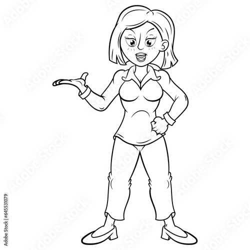 Dibujo mujer posando de frente, Ilustración vectorial sin color para pintar.