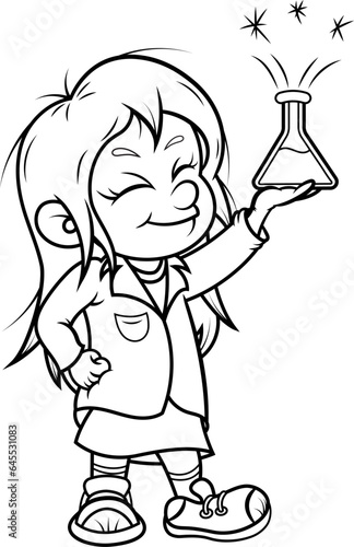 Niña cientifica sujetando un experimento exitoso en su mano.