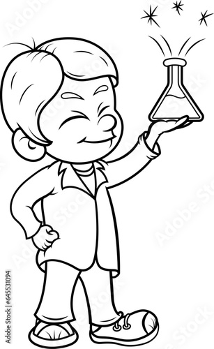 Niño cientifico en un experimento exitoso en su mano.
