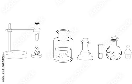 Conjunto de equipo de quimica, ilustracion vectorial sin color.