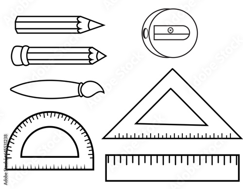 Conjunto de utiles escolares iludtracion vectoriales sin color para pintar.
