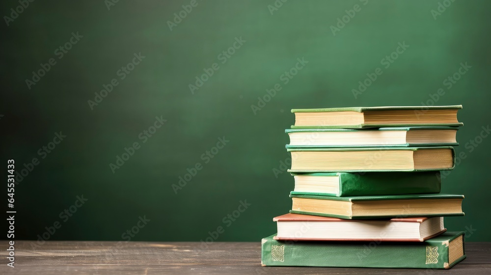 Stack of book with green chalkboard background. Copy space. Space for text - obrazy, fototapety, plakaty 