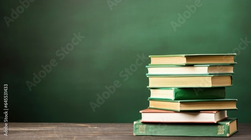 Stack of book with green chalkboard background. Copy space. Space for text