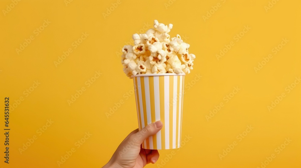 Hand holding striped bucket with popcorn on plain background - obrazy, fototapety, plakaty 