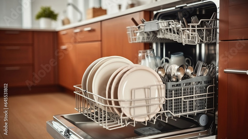 Dishwasher full with clean dishes in kitchen background. Generative AI