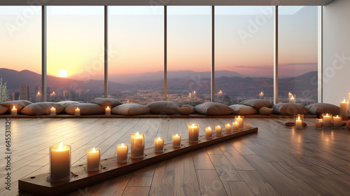 Yoga studio with panoramic windows and burning candles on the floor. Calmness and relax, empty class, spa room. Generative AI