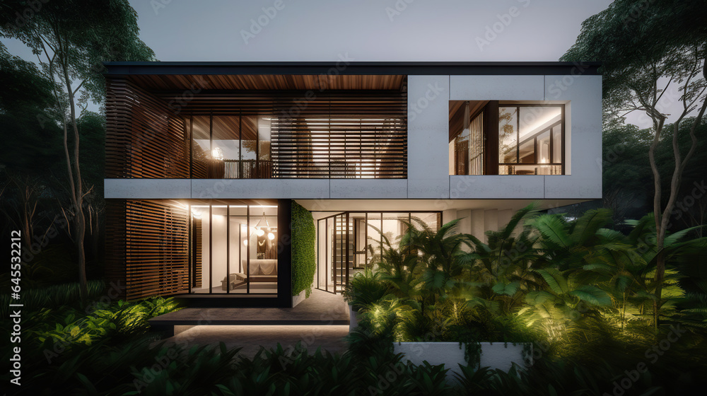 Elegance in Nature: Contemporary White House Amidst Lush Tropical Greenery and Warm Illumination. Generative AI