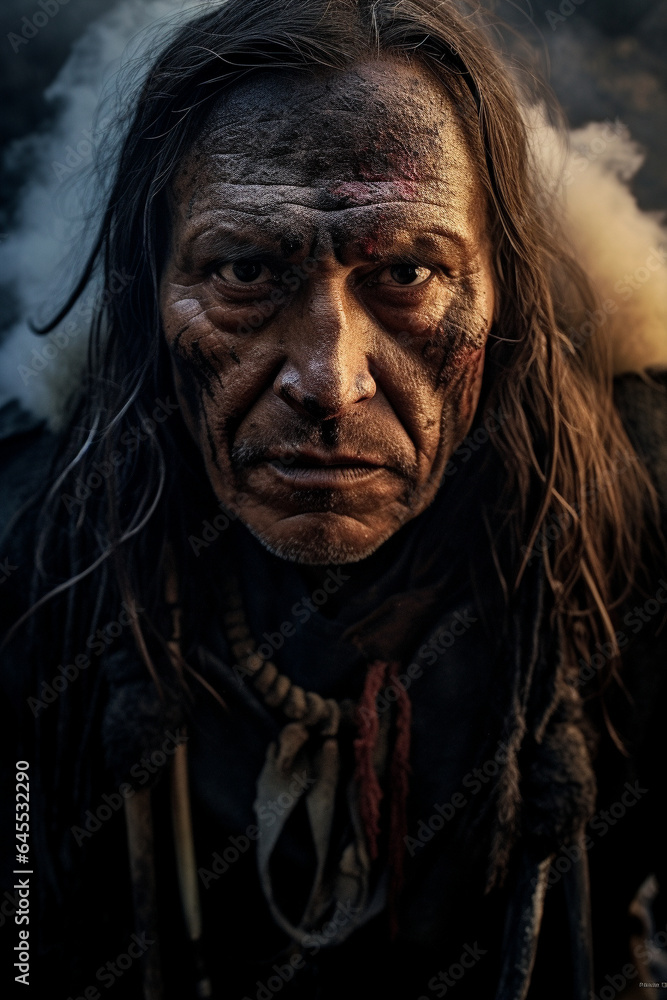 Dramatic portrait of a traditional Indigenous man from a tribe on the Great Plains of North America. 