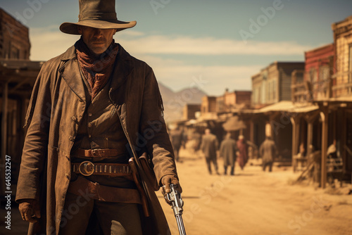 Wild west gunslinger in a frontier western town.  photo