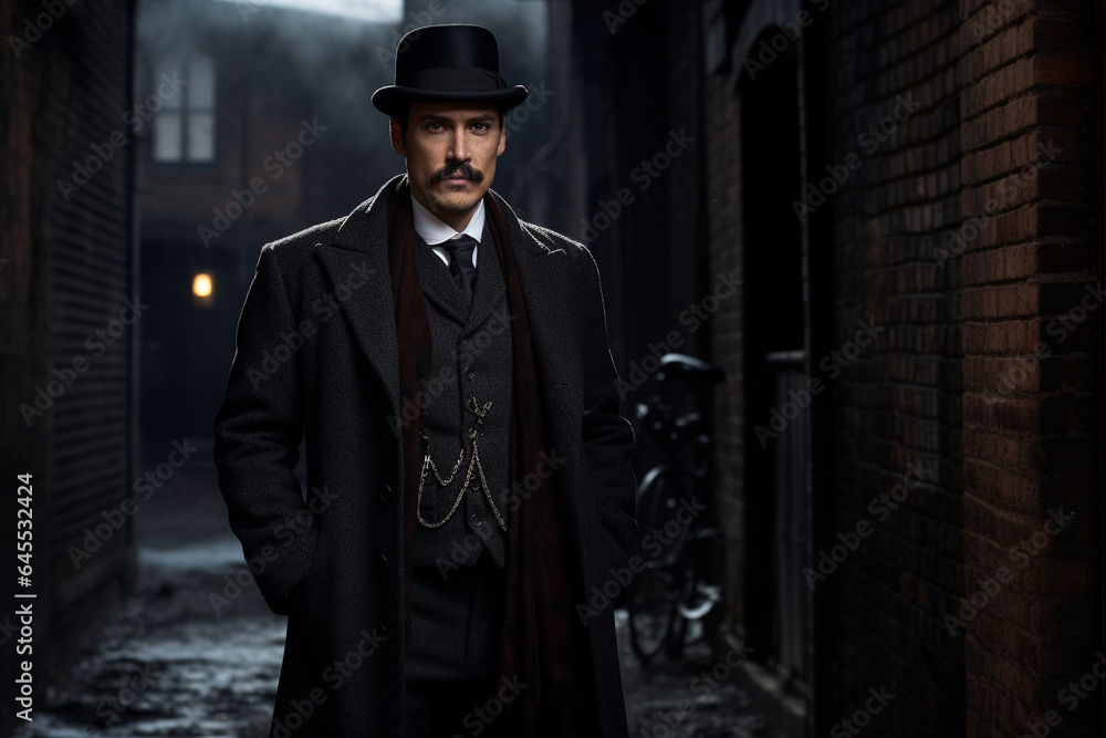 Victorian era detective in a dark and dangerous street. 