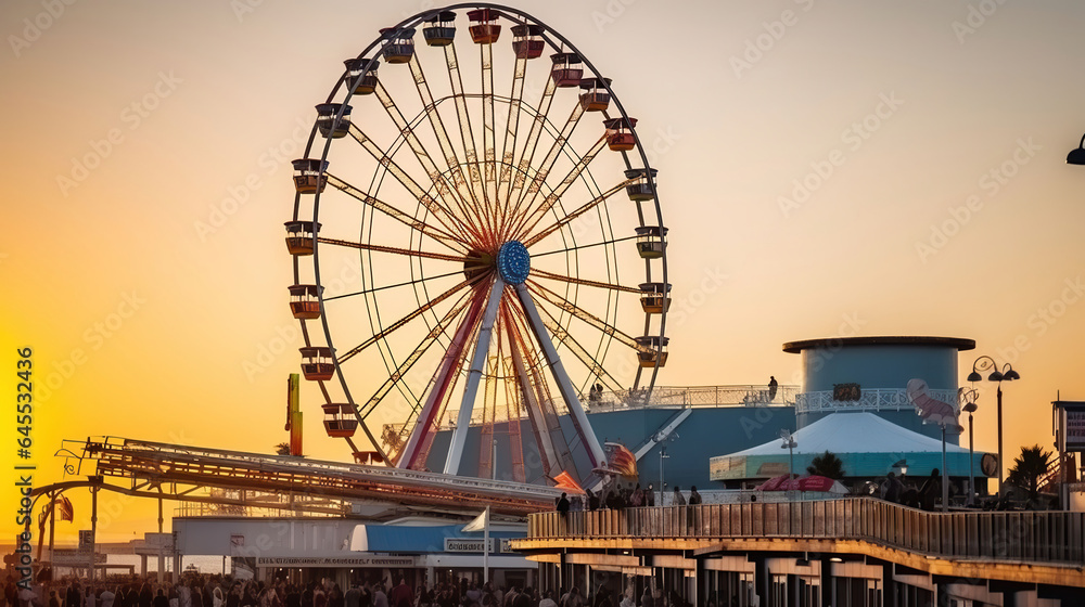 Sunset Spectacle - The Ferris Wheel at Pacific Park's Pier. Generative AI