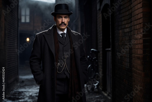 Victorian era detective in a dark and dangerous street. 