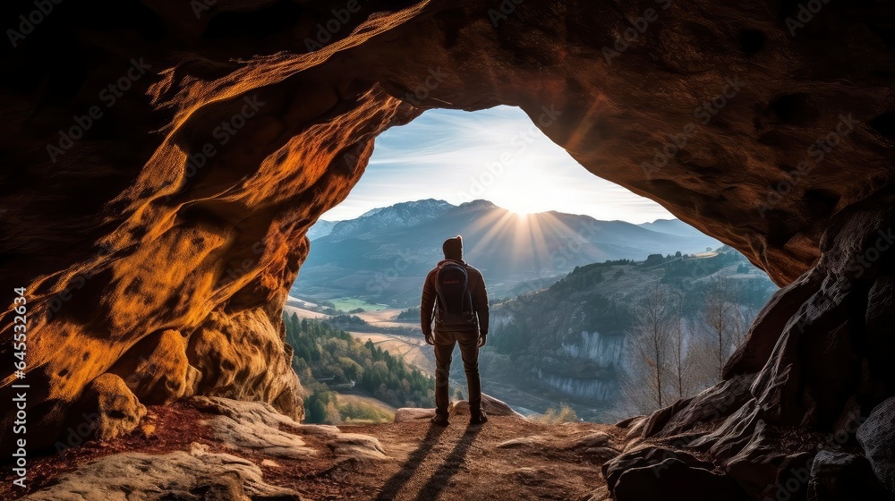 A man standing in front of the cave looked at the natural scenery
