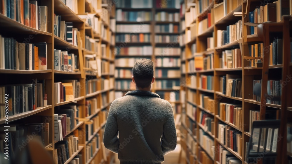 Smart creative man student holding book sitting on floor among bookshelves in modern university campus library, Generative AI Smart creative man student holding book sitting on floor among bookshelves in modern university campus library, Generative AI