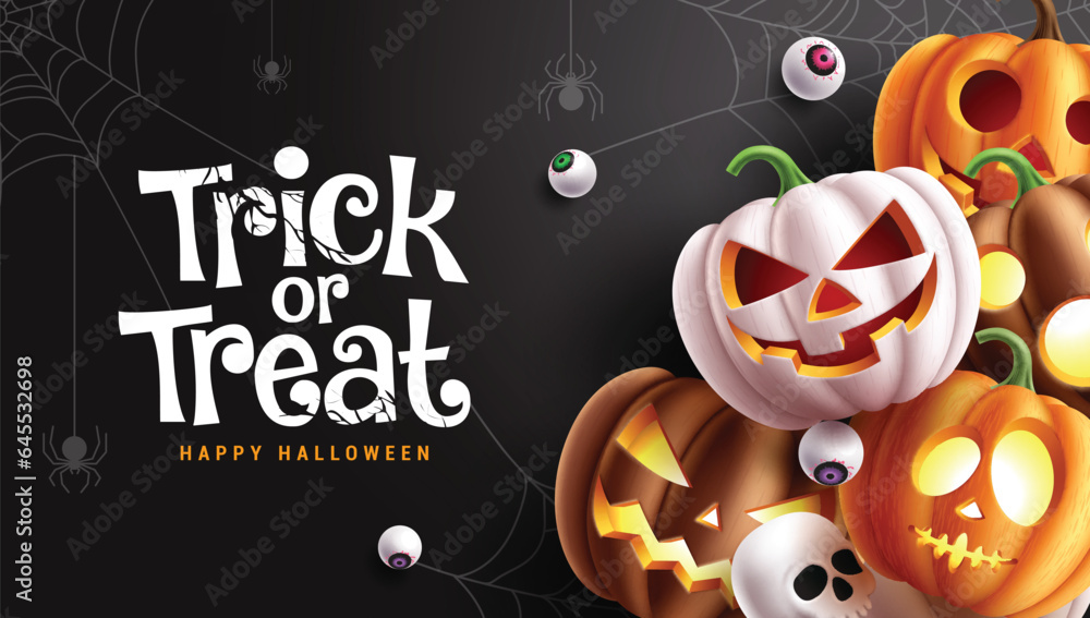 Obraz premium Halloween trick or treat text vector design. Trick or treat with pumpkin squash lantern decoration elements for holiday spooky background. Vector illustration party invitation card.