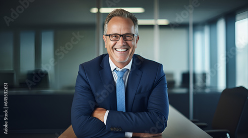 portrait of a professional executive business man, a cheerful CEO, in his midlife prime, grinning with arms folded in his office, embodies the spirit of professional triumph