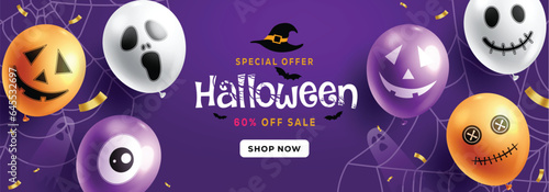Halloween sale text vector banner design. Halloween shopping discount offer with scary inflatable balloons elements in purple background. Vector illustration promotion banner sale.