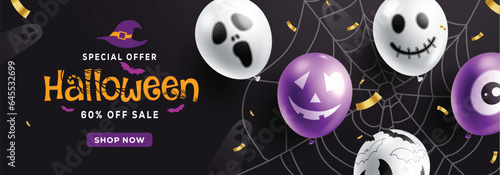 Halloween text sale vector banner design. Halloween promotion special offer scary inflatable balloons elements  in web background. Vector illustration shopping discount promo.