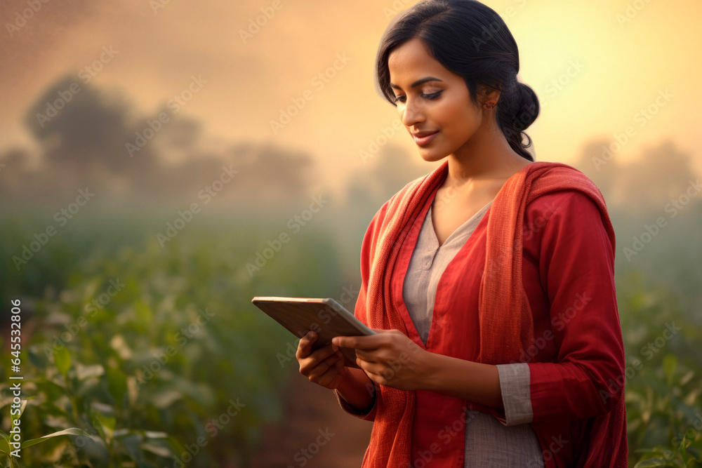 Modern Agriculture: An Indian Woman Farmer Worker with a Tablet, Managing Agricultural Fields and Plantations.
Modern Agriculture: An Indian Woman Farmer Worker with a Tablet, Managing Agricultural Fields and Plantations.